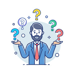 Successful beard businessman character thinking. Thinking man surrounded by question mark. Business concept illustration