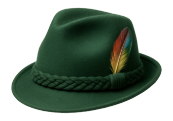 Traditional green Bavarian hat with a braided band and decorative feather on transparent background.