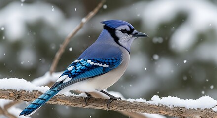 A captivating close-up of a Blue Jay perched on a snow-covered branch during winter snowfall