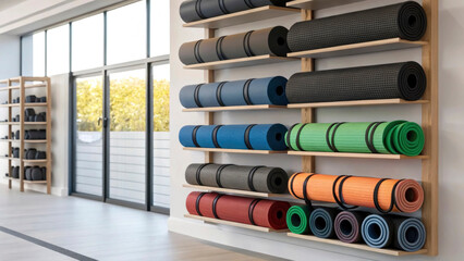 Naklejka premium Shelves filled with a variety of colorful yoga mats and resistance bands are showcased in a well-lit retail space. The shop has a modern design and a welcoming atmosphere