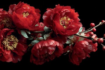 Vibrant red peonies arranged artistically against a dark background showcasing floral beauty and detail