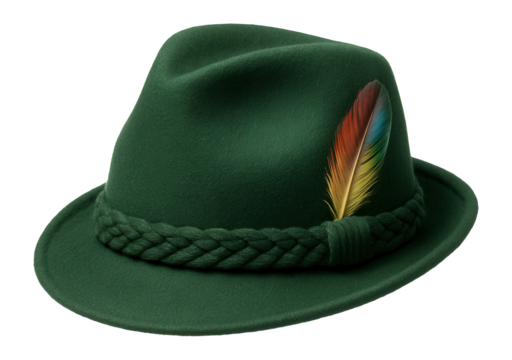 Traditional green Bavarian hat with a braided band and decorative feather on transparent background.