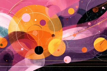Abstract cosmic artwork featuring vibrant colors and circular shapes inspired by space phenomena