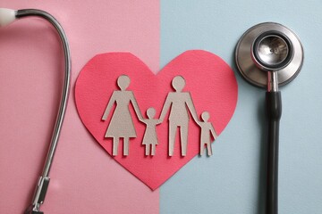 A heart-shaped cutout, pink, displaying a family silhouette, nestled between two contrasting pastel backgrounds, bordered by a stethoscope