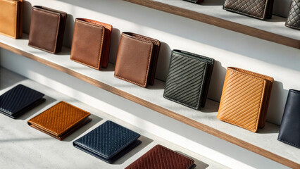 A variety of wallets in different textures and colors are neatly arranged on a shelf in a shop. The sunlight enhances their appealing details and craftsmanship, attracting shoppers' attention