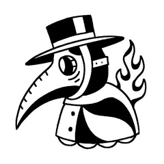 A vintage drawing of a plague doctor head with a hat.