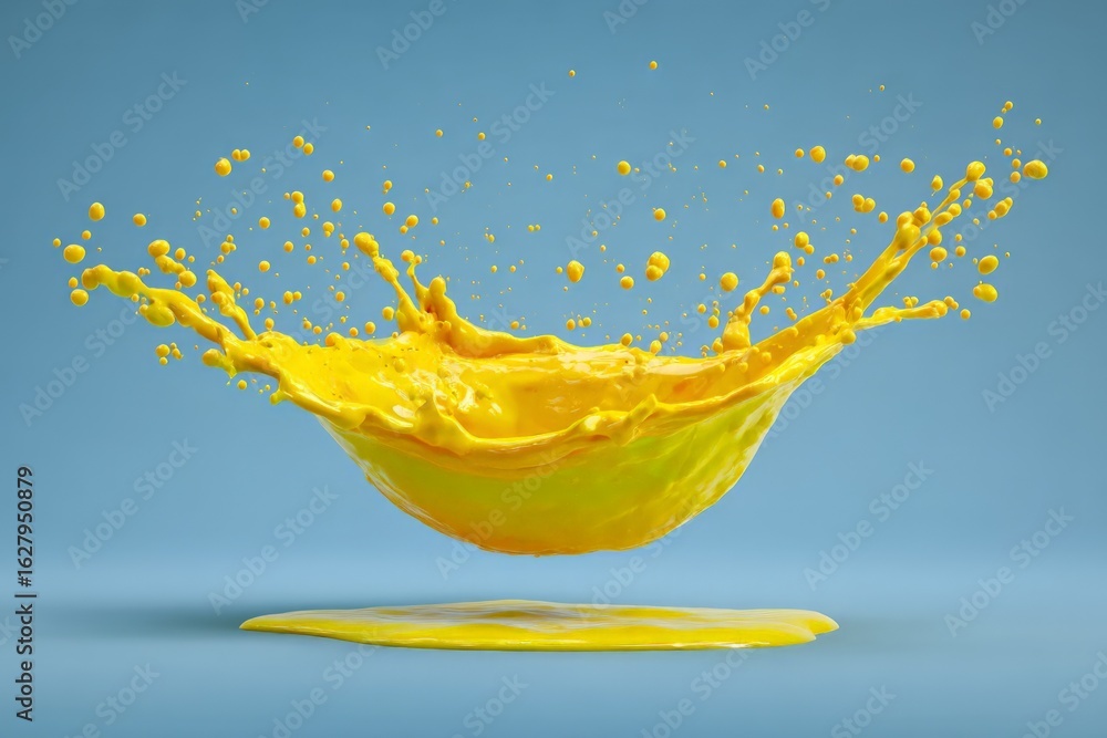 Poster bright yellow splash creating dynamic patterns against a light blue background in a vibrant artistic