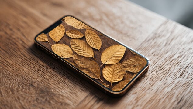Smartphone displaying autumn leaves on wooden surface
