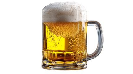 Frothy Beer Delight: A refreshing beer, boasting a rich golden hue and a generous head of creamy foam, fills a classic mug, exuding an irresistible allure and evoking the spirit of convivial moments.