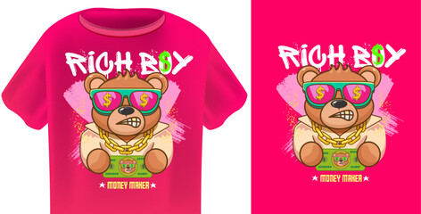 Rich Boy Cool Teddy Bear T-Shirt Design Vector with Stylish Bear with summer Sunglasses, Gold Chain, and Money. Print design Perfect for Urban Fashion with cool funky billionaire Bear, Rich club