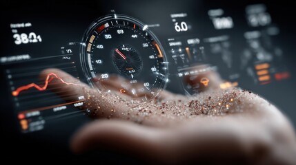 Digital Dashboard Displaying ESG and AI Sustainability Metrics Hovering Above Open Hand on Dark Background