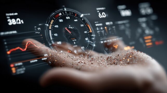 Digital Dashboard Displaying ESG and AI Sustainability Metrics Hovering Above Open Hand on Dark Background