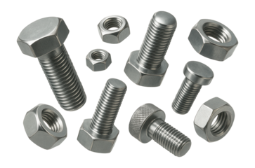 A collection of various metallic bolts and nuts with threaded designs on transparent background.