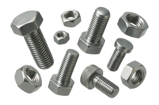 A collection of various metallic bolts and nuts with threaded designs on transparent background.
