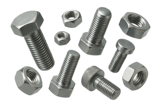 A collection of various metallic bolts and nuts with threaded designs on transparent background.
