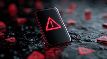 A striking image of a smartphone displaying a red warning symbol, surrounded by glowing red hazard icons over a dark, textured surface.