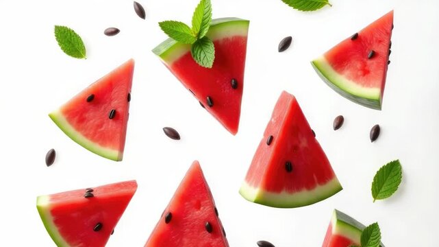 Fresh watermelon slices arranged on a clean white surface, ready for use or display
