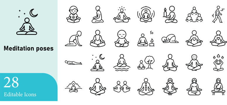 A set of twenty eight meditation poses vector icons suitable for yoga wellbeing relaxation practices and holistic mental health concepts