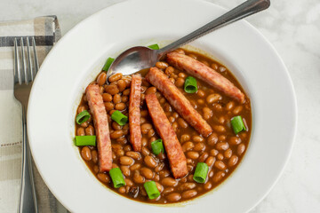 baked beans  with spam fries and green onions