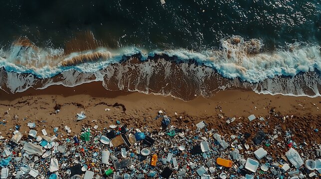 High-angle view of a polluted beach, littered with plastic waste, meets the ocean waves