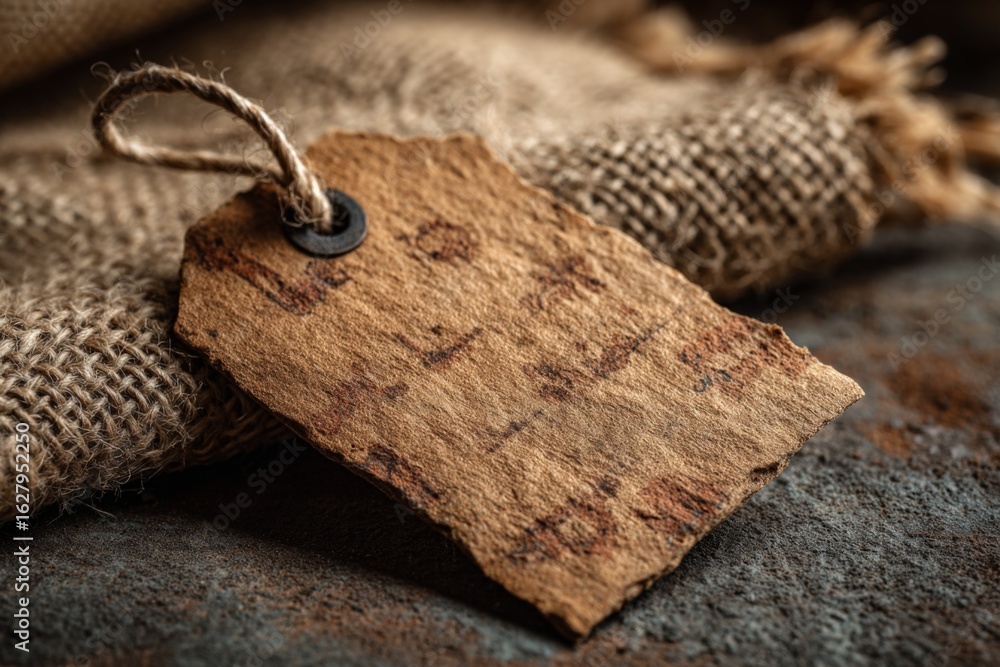 Poster rustic handmade tag resting on burlap fabric with natural textures in warm lighting setting