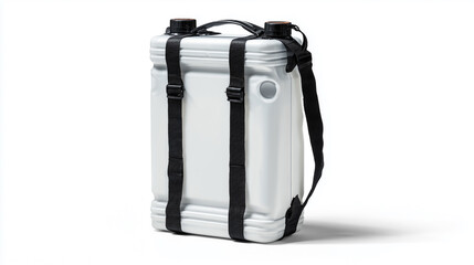 A white bag with black straps