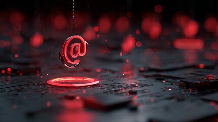 A glowing red '@' symbol suspended over a dark, digital landscape, symbolizing online connectivity.