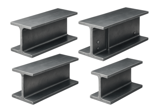 Four grey steel I-beams displayed from different angles on transparent background.