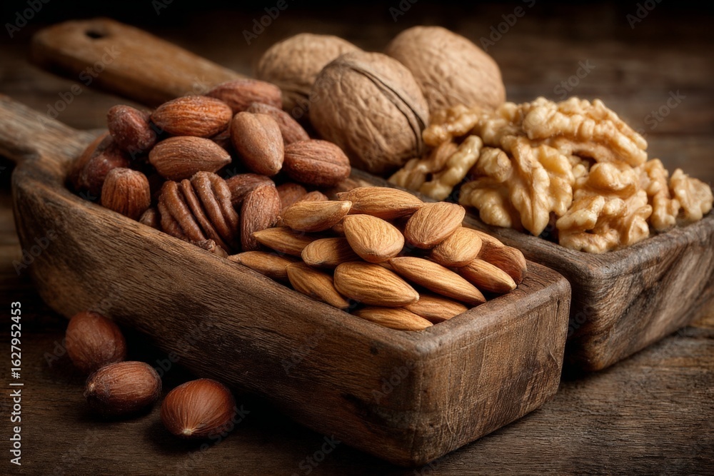 Poster assorted nuts arranged in wooden trays on rustic surface showcasing variety and texture in a natural