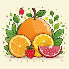 Vibrant citrus and berry medley: a refreshing cartoon style fruit composition