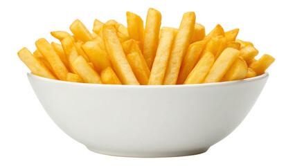 Crispy Golden French Fries in White Bowl isolated on White Background