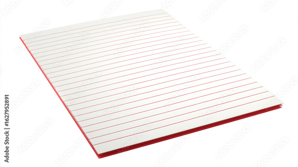 Poster a single, clean sheet of standard lined notebook paper with a red margin line, isolated on a white b