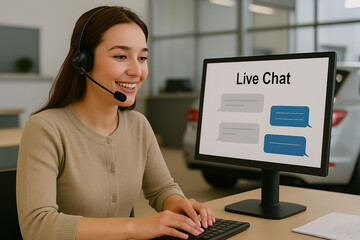 Friendly Support at Work: A cheerful professional offers helpful assistance, engaged in a live chat interaction. A welcoming scene emphasizing the importance of communication in business environments.