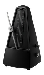 Classic black mechanical metronome for musical tempo regulation with a pendulum and wind-up mechanism on transparent background.