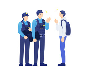 ウェアラブルカメラで撮影・記録しながら若い男性に職務質問を行う女性警察官と男性警察官のイラスト