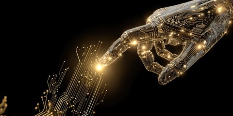 Robotic hand interacts with glowing circuit board