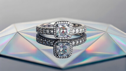 Elegant diamond engagement ring resting on reflective surface in soft lighting