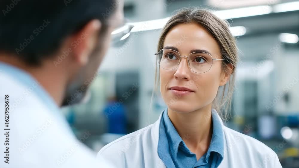 Aufkleber female engineer and plant manager discuss automation strategies in a high-tech factory setting.
