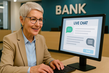 Live Chat Support: A professional woman at a bank office, engaging in a live chat, symbolizing modern customer service and digital communication in finance.