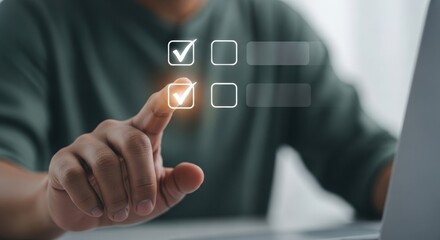 Hands interacting with digital checklist and glowing checkmark. Modern task completion with futuristic interface. Professional productivity with touch interaction.