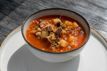 A bowl of solyanka soup in a cafe. 