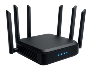 Black wireless router with four antennas and LED lights on the front, designed for high-speed internet connectivity on transparent background.