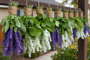 Colorful hanging herb display with lavender and mint in a garden setting during daytime