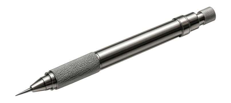 Metallic drafting pencil with a textured grip and pointed tip, designed for precision drawing and sketching, on transparent background.