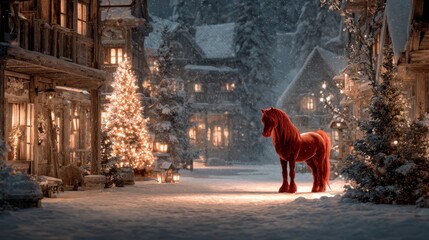 Red Horse in Winter Village with Lights