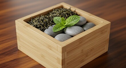 A small wooden planter box filled with dried tea leaves and smooth grey river stones with a fresh green mint sprig emerging from the top