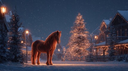 Red Horse in Winter Village with Lights