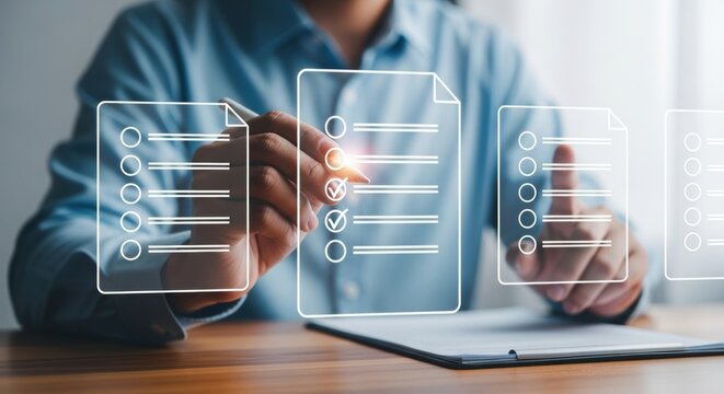 Floating transparent digital checklists for business productivity. Modern professional in blue shirt using stylus on futuristic interface. Clean corporate workspace with minimalist design.