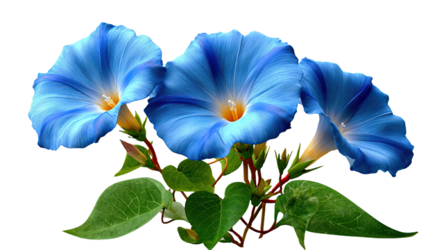 Vibrant Morning Glory Blossoms: A close-up image of three fully bloomed morning glory flowers, revealing their intricate petal arrangement and captivating blue and yellow color palette.
