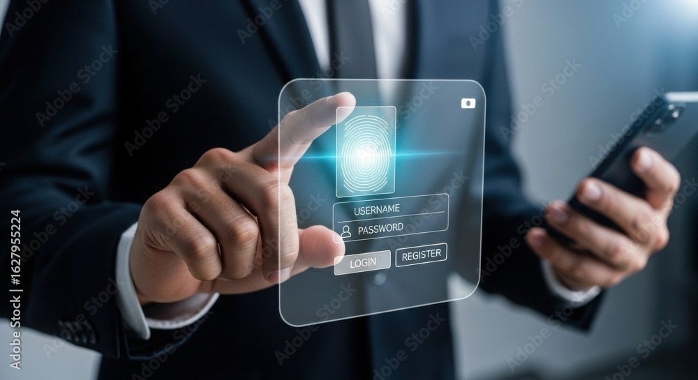 Poster secure login with holographic fingerprint scanner. digital identity verification in modern tech inte